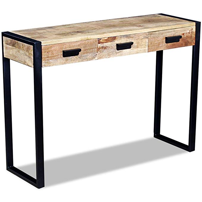 Festnight Mango Wood Console Table with 3 Drawers and Durable Iron Frame, 43.3