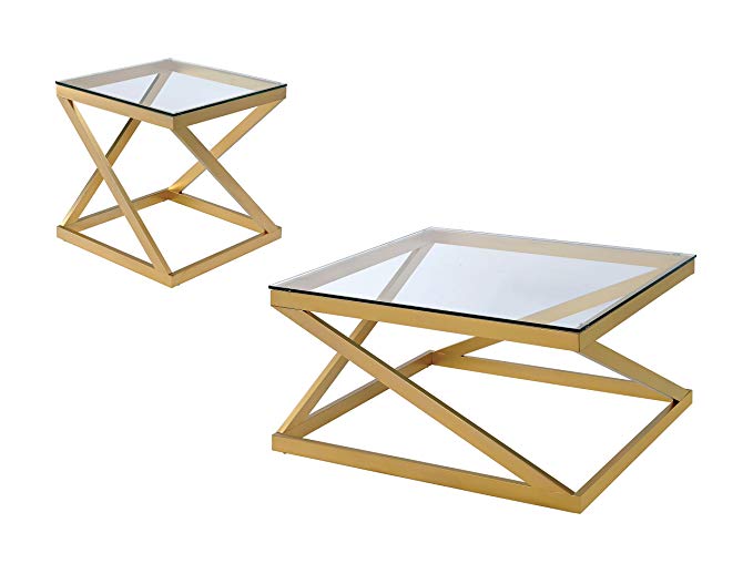 HOMES: Inside + Out Iohomes Hazire 2 PC Gold Z-Frame Glass Top Coffee Table Set