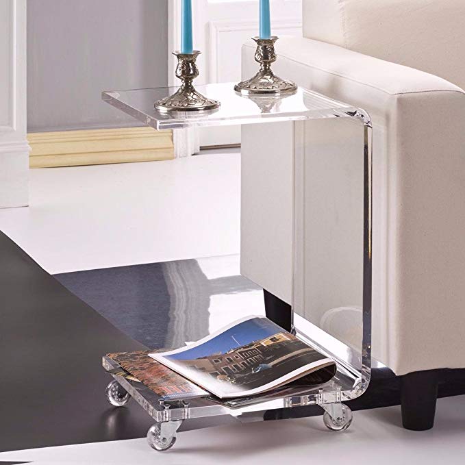 C Shape Clear Acrylic Accent Table With Wheels And Lower Shelf, Includes Custom Mouse Pad