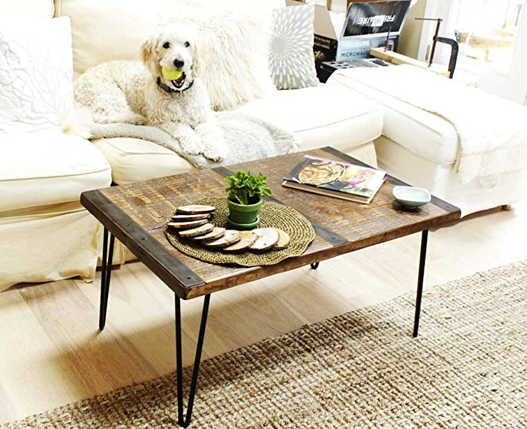 Made in America - Solid Reclaimed Wood Coffee Table With Metal Inlaid Straps