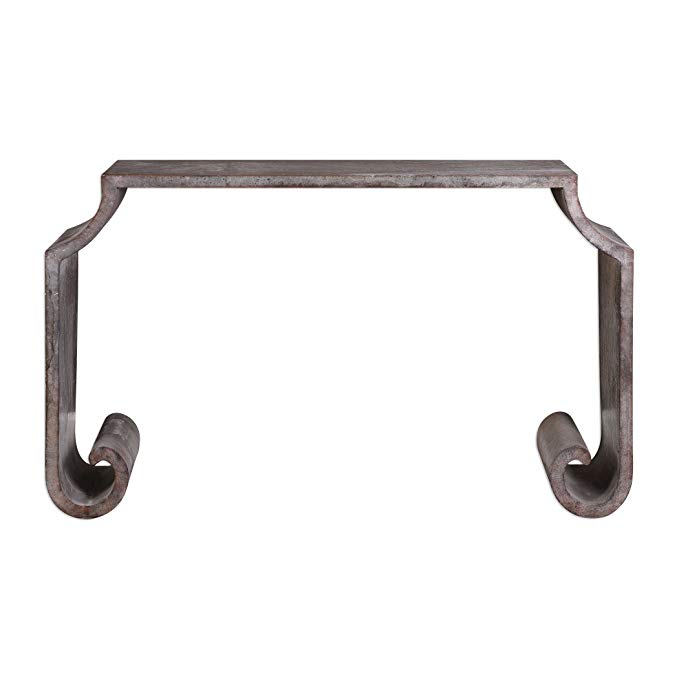 Luxe Contemporary Minimalist Zinc Scroll Console Table | Open Gray Modern Abstract