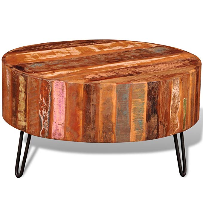 Festnight Reclaimed Wood Round Coffee Table with Iron Legs Pure Handmade Living Room Furniture