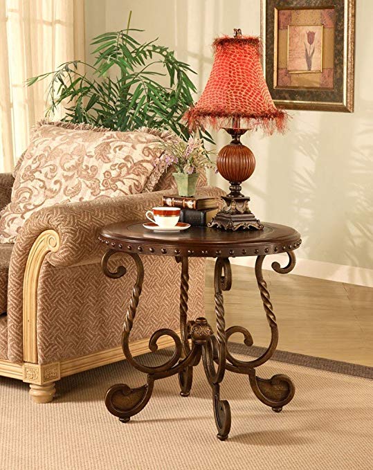 Antique Brass and Wood Nailhead Inlay End Table Accent Furniture