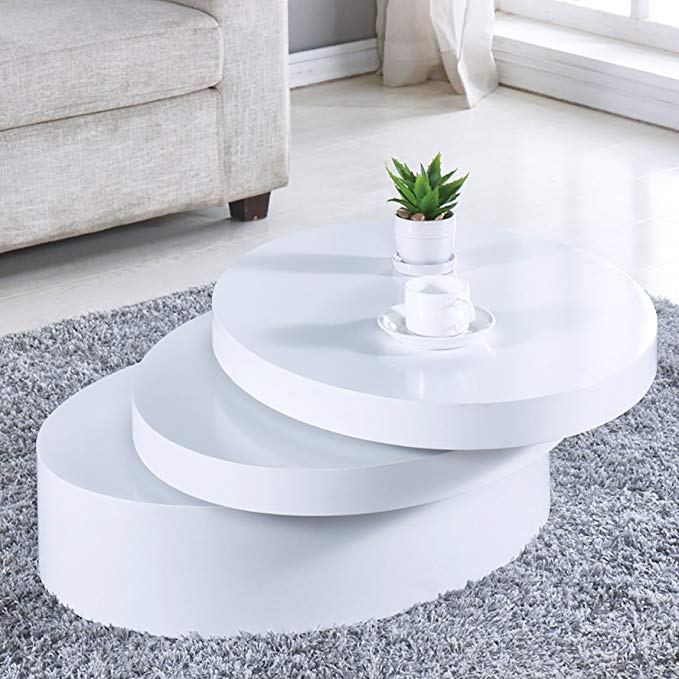 NewRetailGlobal White Round Coffee Table Rotating Contemporary Living Room Furniture