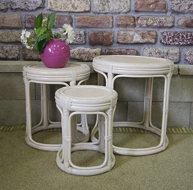 Drum Nesting Tables - Classic Wicker & Rattan NIB (Whitewash)