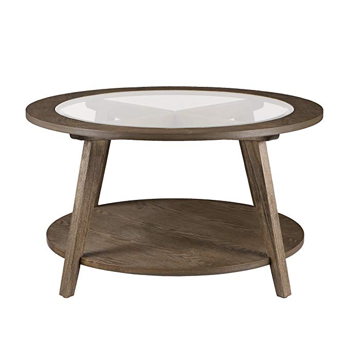 Furniture HotSpot – Round Wood w/Glass Top Coffee Table – Burnt Oak w/Gray Wash - 32