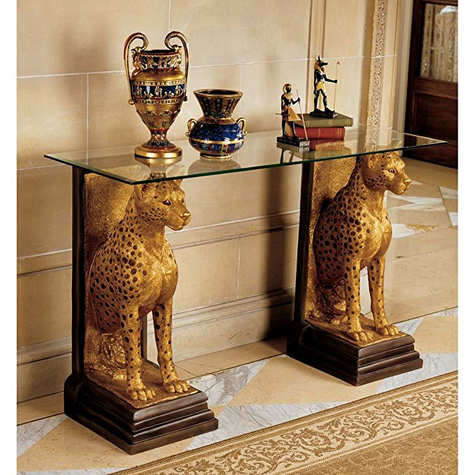 Design Toscano Royal Egyptian Cheetahs Sculptural Glass Topped Console Table