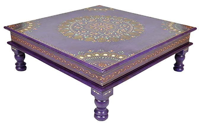 Lalhaveli Vintage Handpainted Work Design Wooden Puja Bajot Table 18 X 18 x 6 Inches