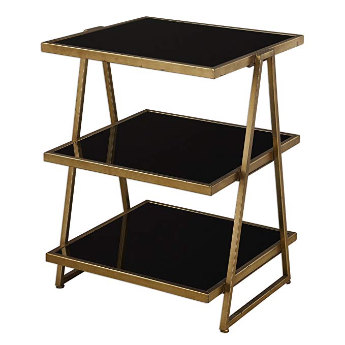 Antiqued Gold Small Three Shelf Table Etagere | Bronze Iron Black Modern