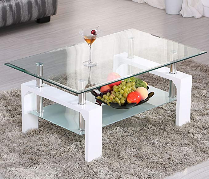 Eight24hours White Rectangular Glass Coffee Table Shelf Chrome Wood Living Room Furniture