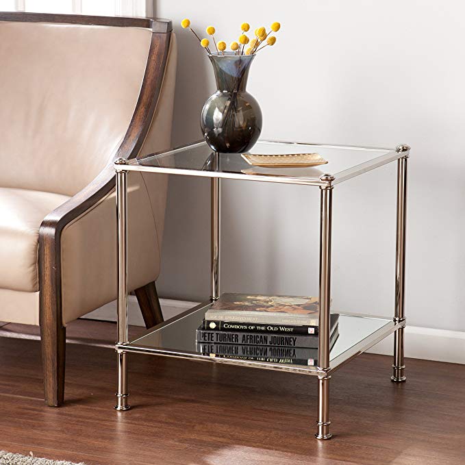 SEI Paschall Glam Square End Table w/ Mirrored Shelf & Glass Tabletop