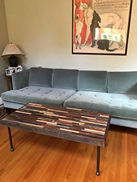 Barnwood coffee table in beautiful mosaic pattern with industrial pipe legs.