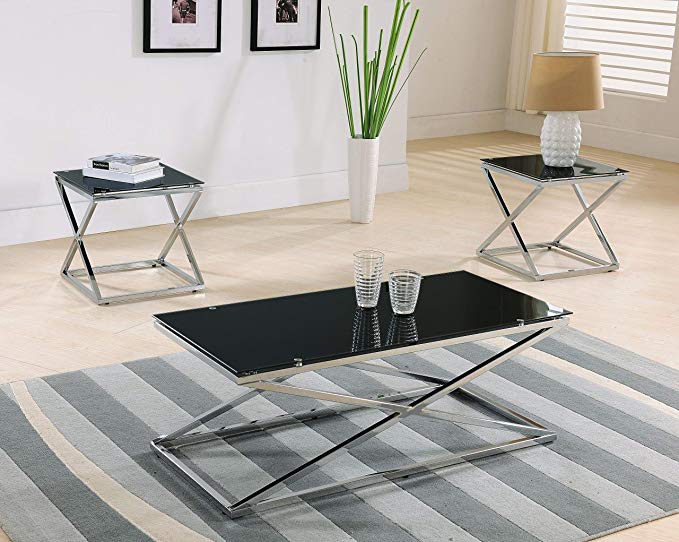 Kings Brand Furniture Coylin Glass Cocktail Coffee Table & 2 End Tables (Set of 3), Chrome