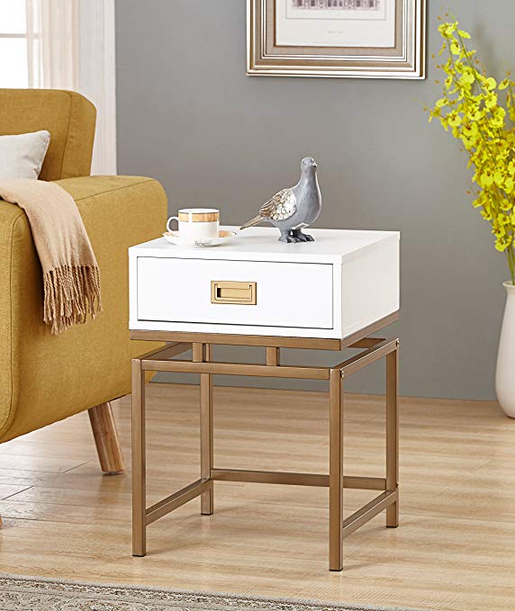 White / Golden Finish Nightstand Side End Table with Drawer