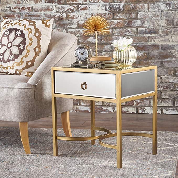 Siryen Modern Mirror Finished Side Table with Gold Iron Accents