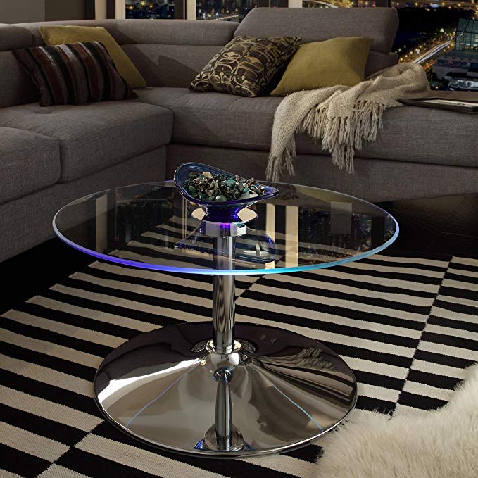 ModHaus Living Modern Style LED Accent Tempered Glass Top Round Shaped Table-Caley Cocktail Coffee Table | Chrome Metal Frame, Living Room Decor - Includes Pen